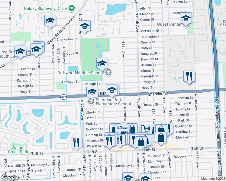 map of restaurants, bars, coffee shops, grocery stores, and more near 6931 Hope Street in Hollywood