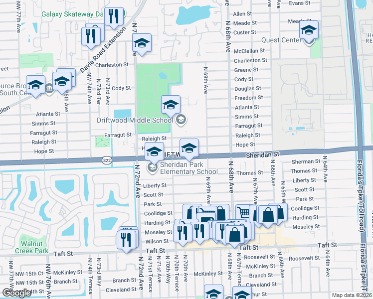 map of restaurants, bars, coffee shops, grocery stores, and more near 7031 Hope Street in Hollywood
