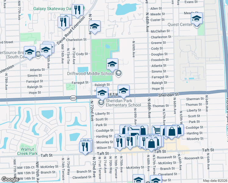 map of restaurants, bars, coffee shops, grocery stores, and more near 7031 Hope Street in Hollywood