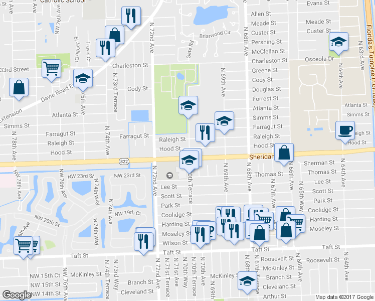 map of restaurants, bars, coffee shops, grocery stores, and more near 7091 Hope Street in Hollywood