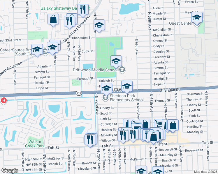map of restaurants, bars, coffee shops, grocery stores, and more near 7091 Hope Street in Hollywood