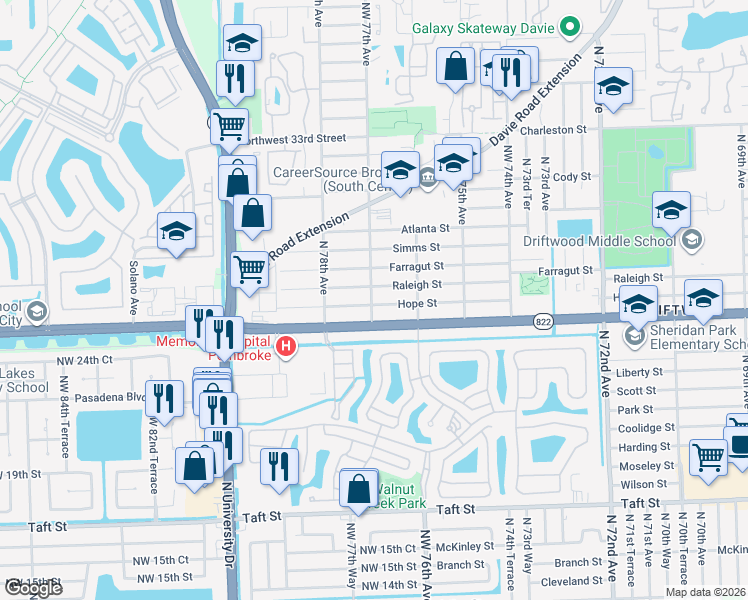 map of restaurants, bars, coffee shops, grocery stores, and more near 7690 Raleigh Street in Hollywood