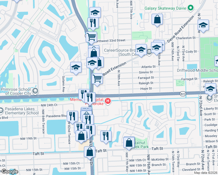 map of restaurants, bars, coffee shops, grocery stores, and more near 7830 Raleigh Street in Hollywood
