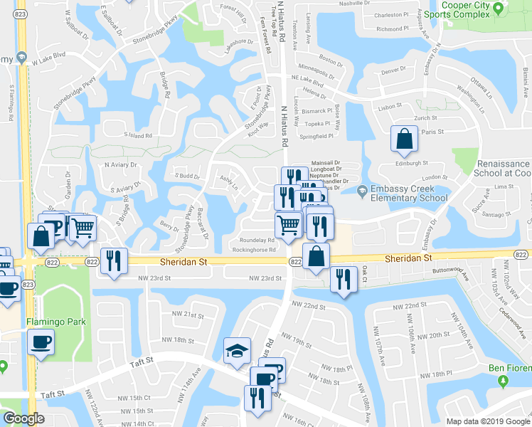 map of restaurants, bars, coffee shops, grocery stores, and more near 11261 Reveille Road in Hollywood