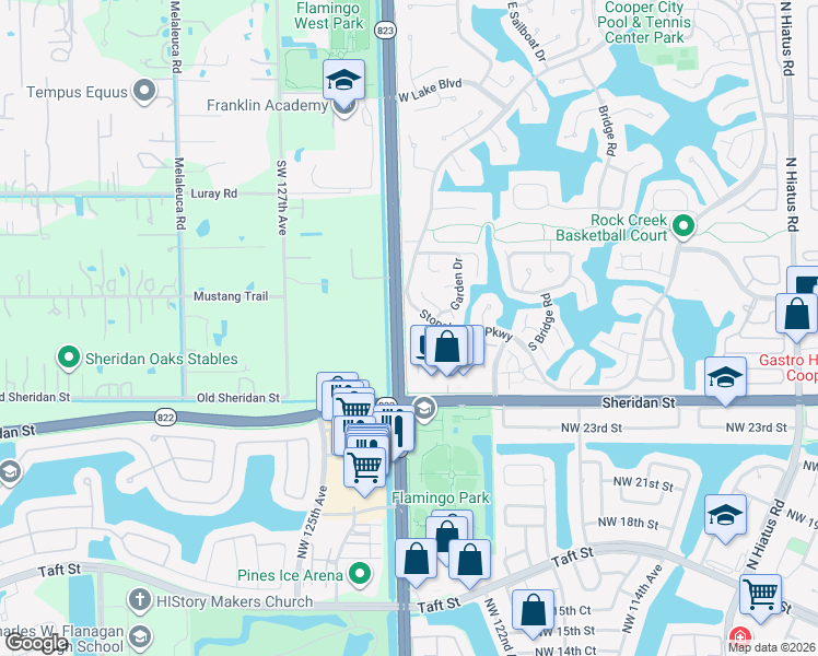 map of restaurants, bars, coffee shops, grocery stores, and more near 2700 Stonebridge Parkway in Hollywood