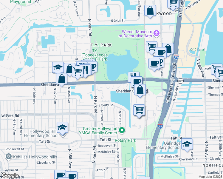 map of restaurants, bars, coffee shops, grocery stores, and more near 3134 Byron Circle in Hollywood