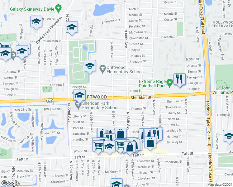 map of restaurants, bars, coffee shops, grocery stores, and more near 6870 Hope Street in Hollywood