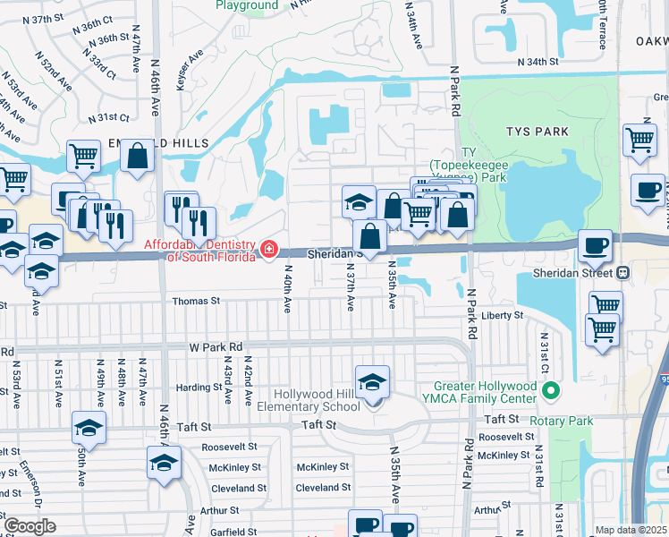 map of restaurants, bars, coffee shops, grocery stores, and more near 3850 Sheridan Street in Hollywood