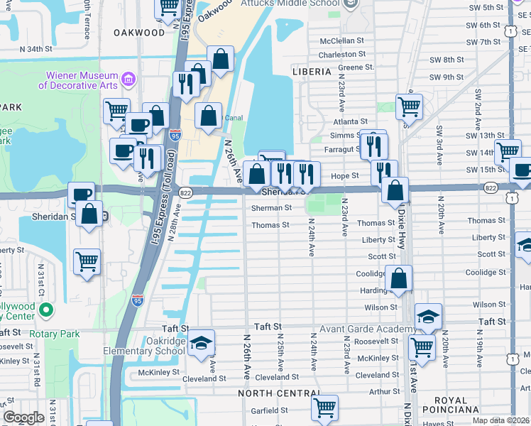 map of restaurants, bars, coffee shops, grocery stores, and more near 2527 Sherman Street in Hollywood