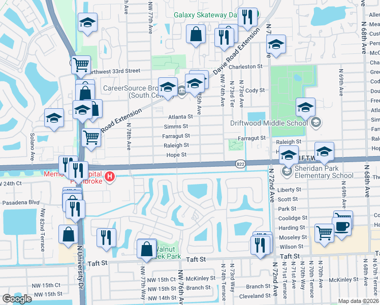 map of restaurants, bars, coffee shops, grocery stores, and more near 7540 Raleigh Street in Hollywood