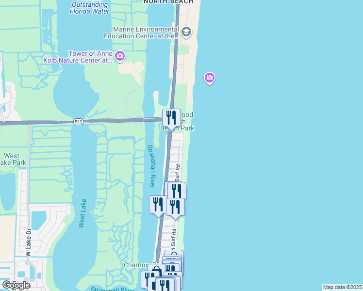 map of restaurants, bars, coffee shops, grocery stores, and more near 3415 North Ocean Drive in Hollywood