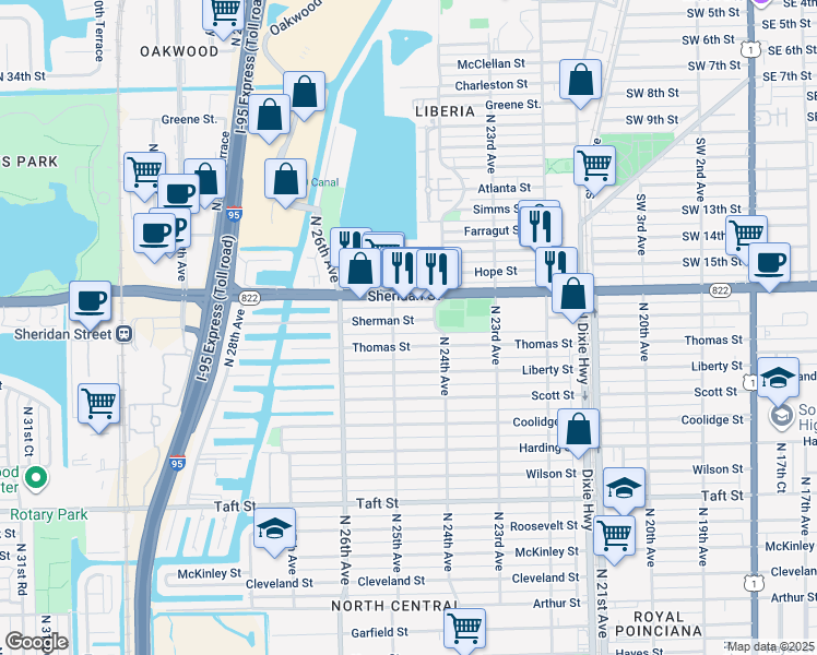 map of restaurants, bars, coffee shops, grocery stores, and more near 2437 Sherman Street in Hollywood