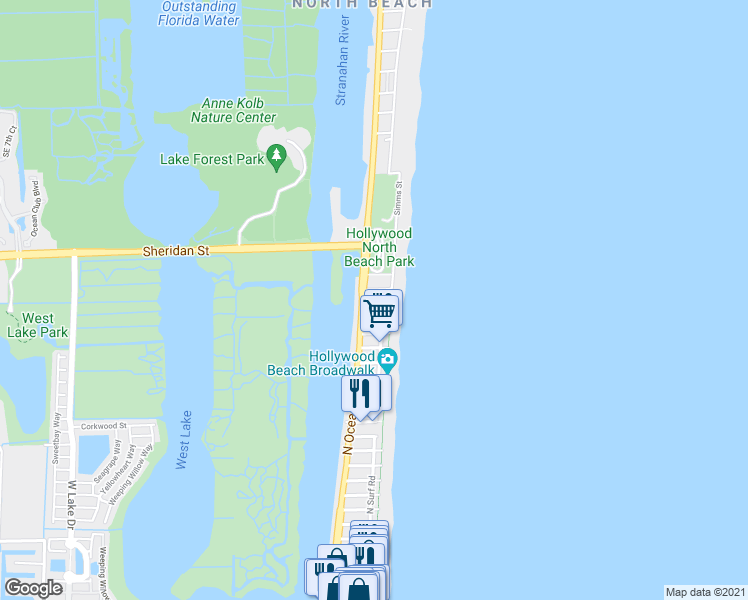 map of restaurants, bars, coffee shops, grocery stores, and more near 3415 North Ocean Drive in Hollywood