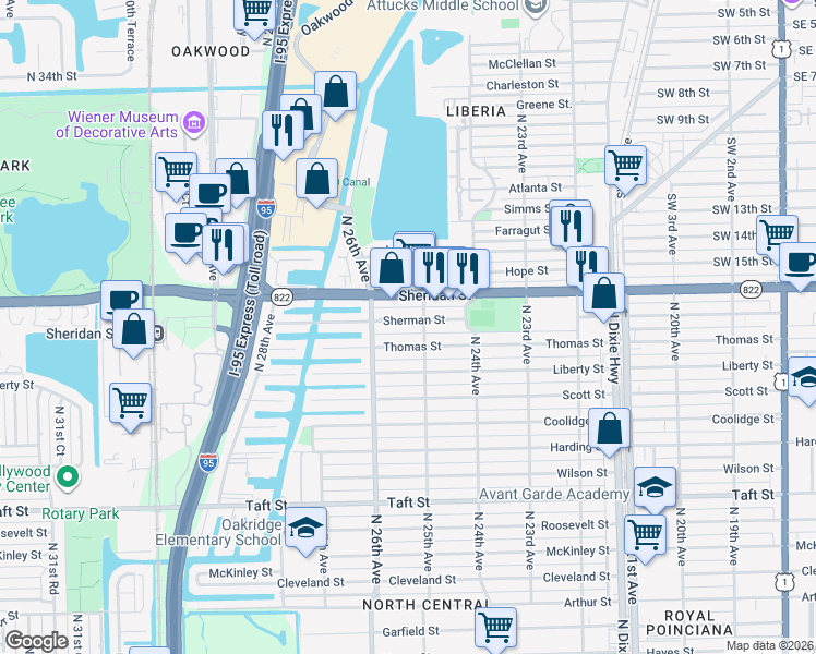 map of restaurants, bars, coffee shops, grocery stores, and more near 2527 Sherman Street in Hollywood