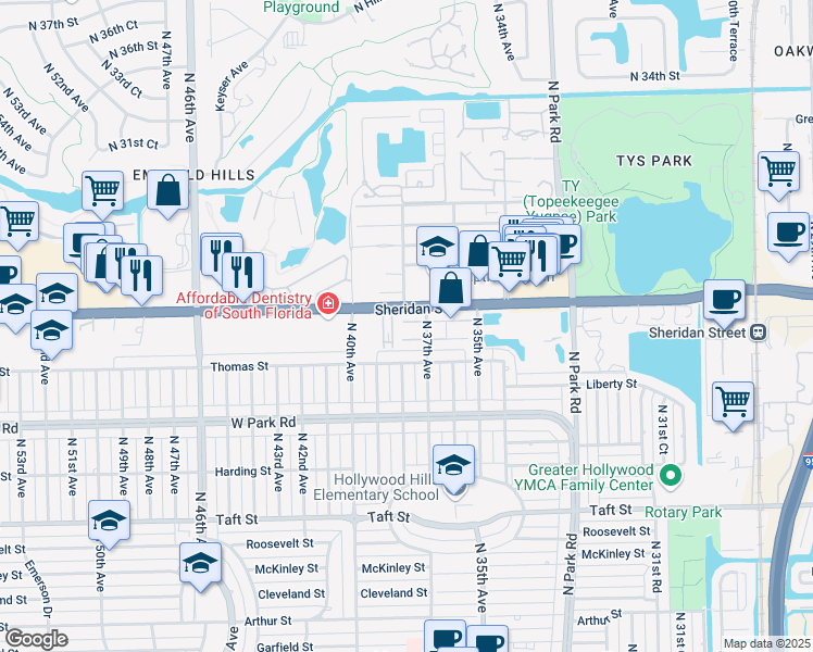 map of restaurants, bars, coffee shops, grocery stores, and more near 3850 Sheridan Street in Hollywood
