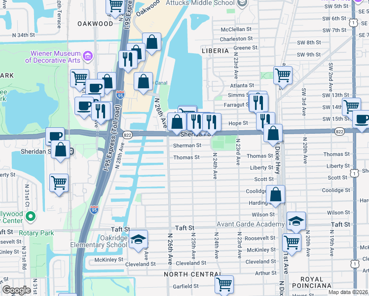 map of restaurants, bars, coffee shops, grocery stores, and more near 2527 Sherman Street in Hollywood