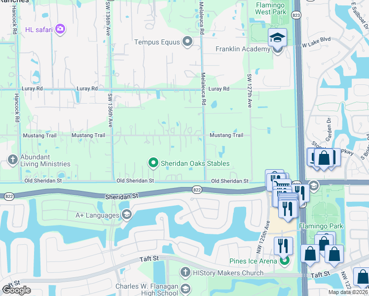 map of restaurants, bars, coffee shops, grocery stores, and more near 13200 Mustang Trail in Southwest Ranches