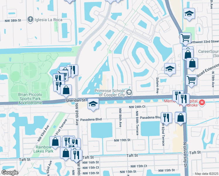 map of restaurants, bars, coffee shops, grocery stores, and more near 8701 Sheridan Street in Hollywood