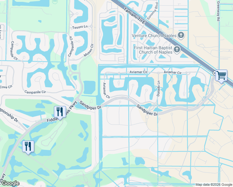 map of restaurants, bars, coffee shops, grocery stores, and more near 3157 Aviamar Circle in Naples