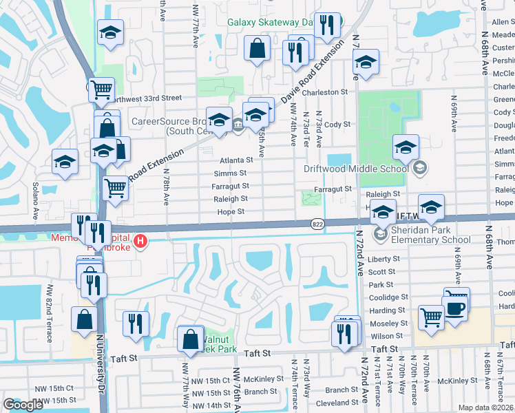 map of restaurants, bars, coffee shops, grocery stores, and more near 7540 Raleigh Street in Hollywood