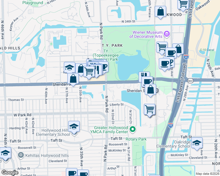 map of restaurants, bars, coffee shops, grocery stores, and more near 2410 Sheridan Lane in Hollywood