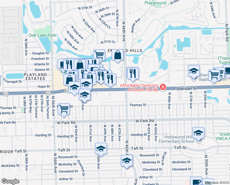 map of restaurants, bars, coffee shops, grocery stores, and more near 4700 Sheridan Street in Hollywood