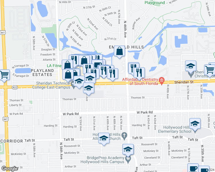 map of restaurants, bars, coffee shops, grocery stores, and more near 4914 Sheridan Street in Hollywood