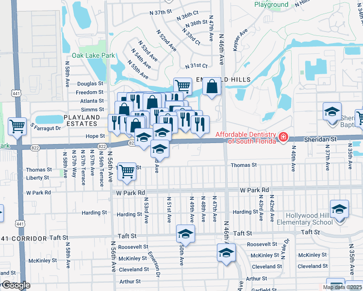 map of restaurants, bars, coffee shops, grocery stores, and more near 5008 Sheridan Street in Hollywood