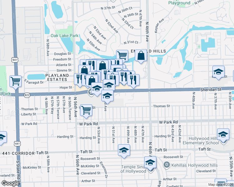 map of restaurants, bars, coffee shops, grocery stores, and more near 5008 Sheridan Street in Hollywood