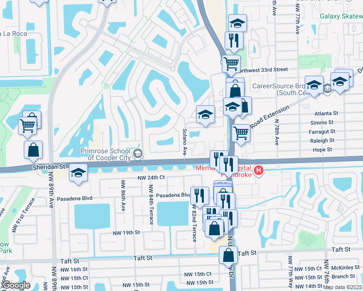 map of restaurants, bars, coffee shops, grocery stores, and more near 2681 Northwest 83rd Terrace in Pembroke Pines