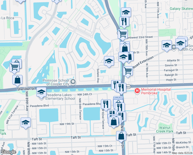 map of restaurants, bars, coffee shops, grocery stores, and more near 2681 Northwest 83rd Terrace in Pembroke Pines