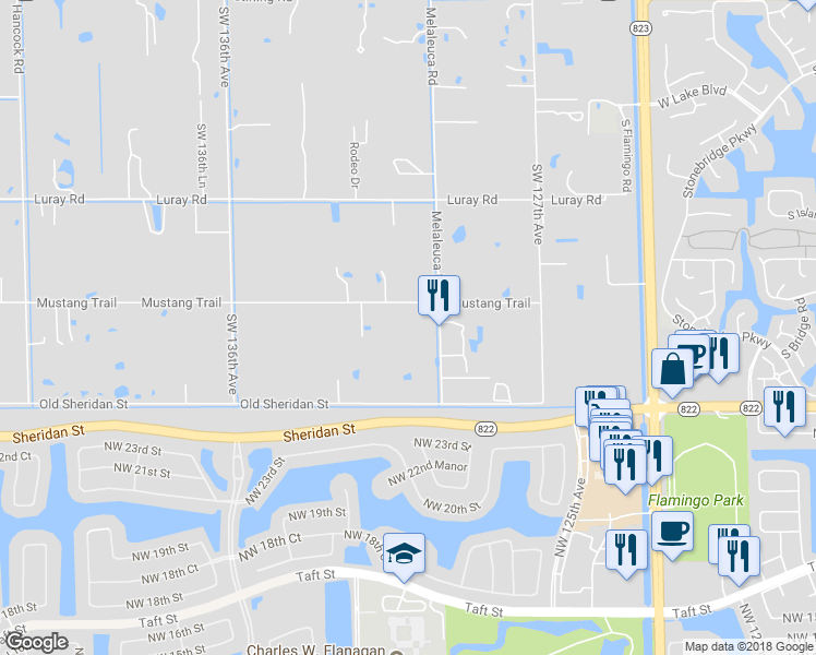 map of restaurants, bars, coffee shops, grocery stores, and more near 13100 Mustang Trail in Southwest Ranches