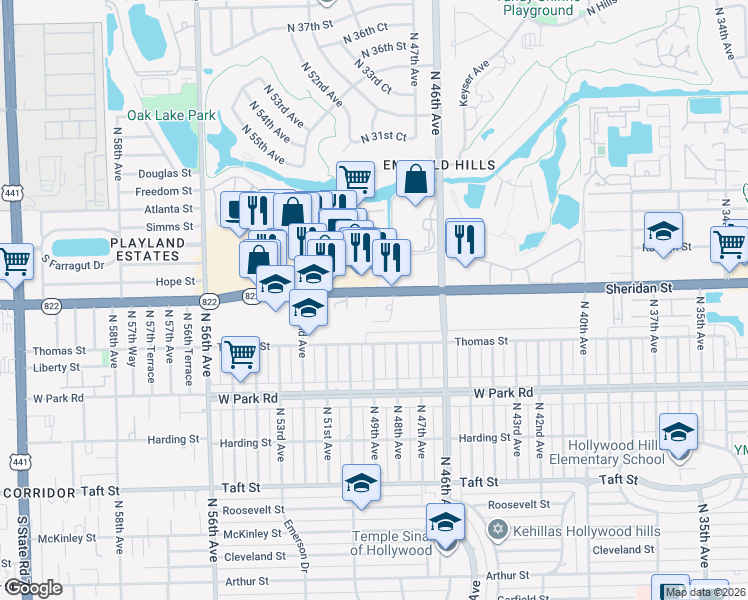 map of restaurants, bars, coffee shops, grocery stores, and more near 4914 Sheridan Street in Hollywood
