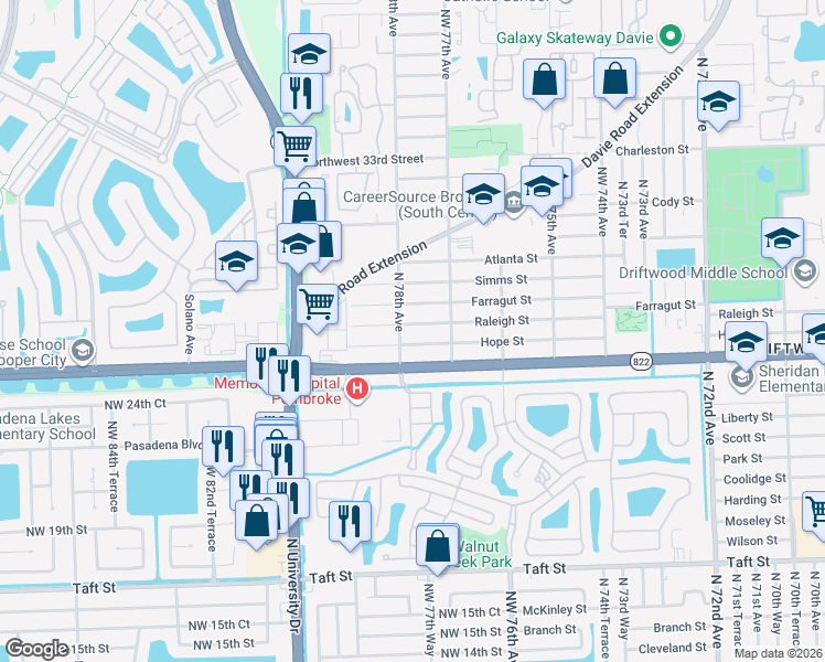 map of restaurants, bars, coffee shops, grocery stores, and more near 7760 Raleigh Street in Hollywood
