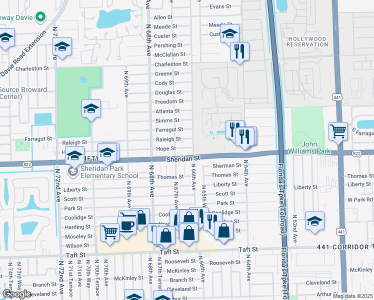 map of restaurants, bars, coffee shops, grocery stores, and more near 6616 Hope Street in Hollywood