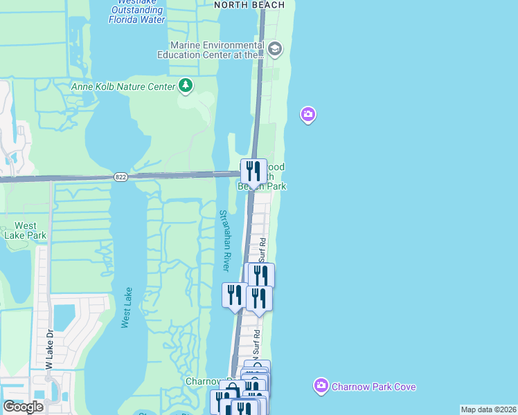 map of restaurants, bars, coffee shops, grocery stores, and more near 3415 North Ocean Drive in Hollywood