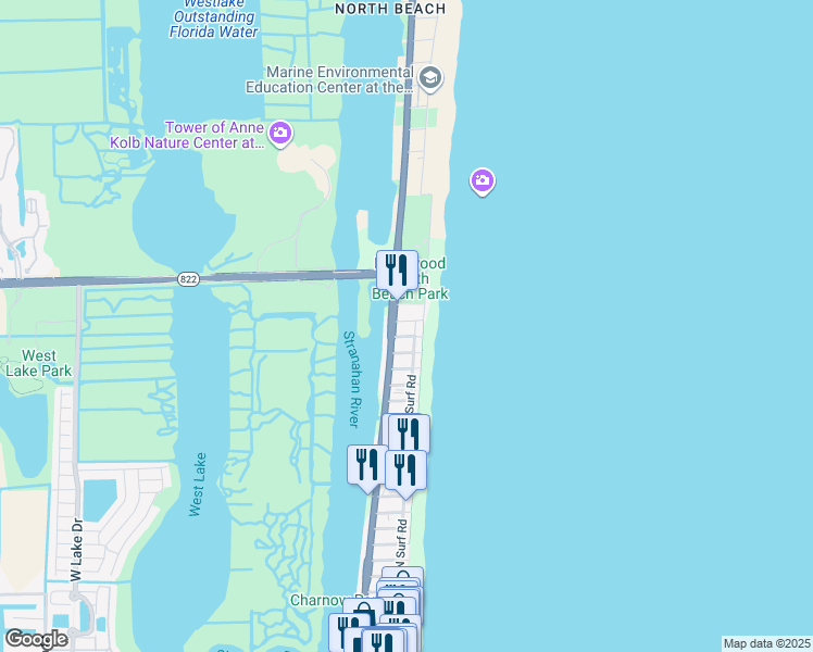 map of restaurants, bars, coffee shops, grocery stores, and more near 3415 North Ocean Drive in Hollywood