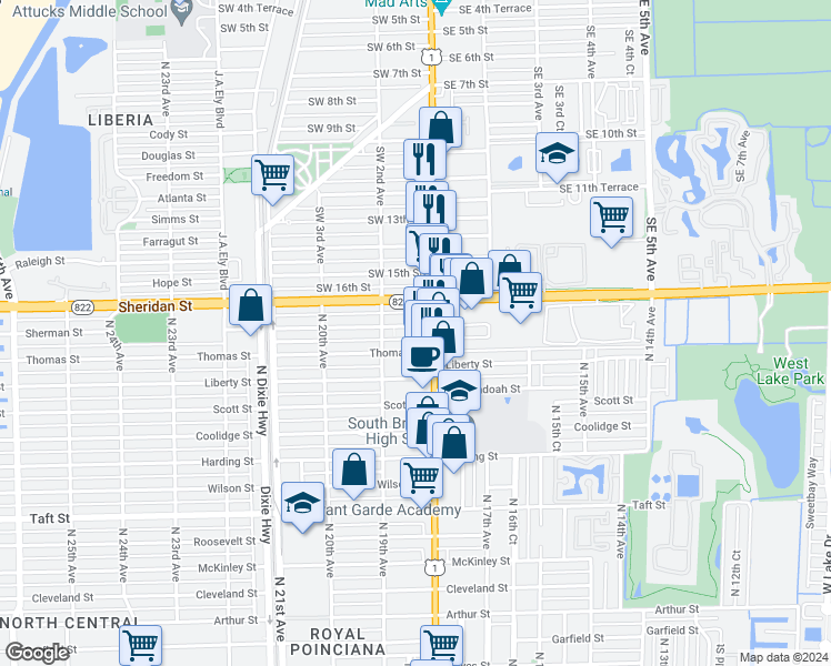 map of restaurants, bars, coffee shops, grocery stores, and more near 2342 U.S. 1 in Hollywood