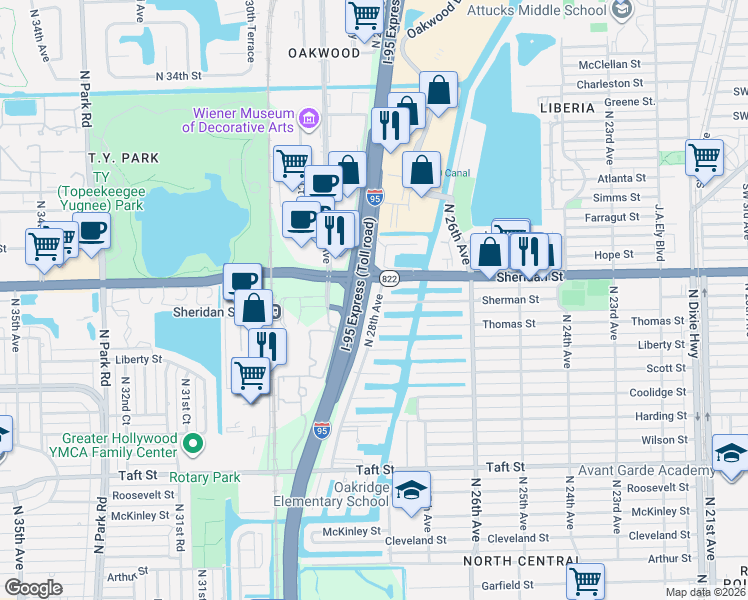 map of restaurants, bars, coffee shops, grocery stores, and more near 2725 Sherman Street in Hollywood