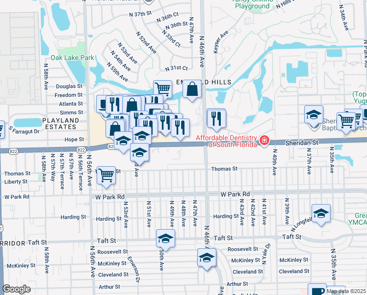 map of restaurants, bars, coffee shops, grocery stores, and more near 4700 Sheridan Street in Hollywood