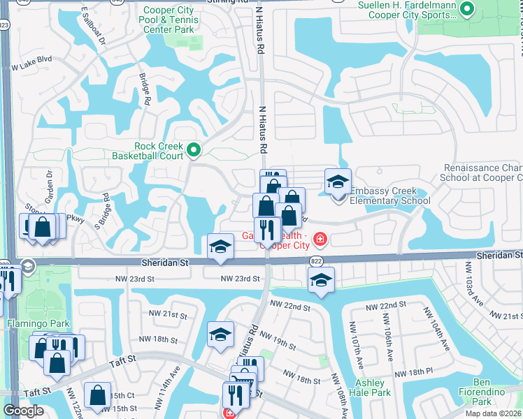 map of restaurants, bars, coffee shops, grocery stores, and more near 2695 North Hiatus Road in Hollywood