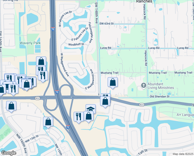 map of restaurants, bars, coffee shops, grocery stores, and more near 6906 East Wedgewood Avenue in Davie