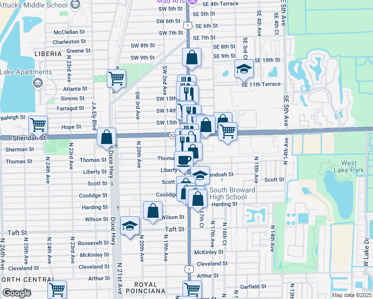 map of restaurants, bars, coffee shops, grocery stores, and more near 2342 U.S. 1 in Hollywood