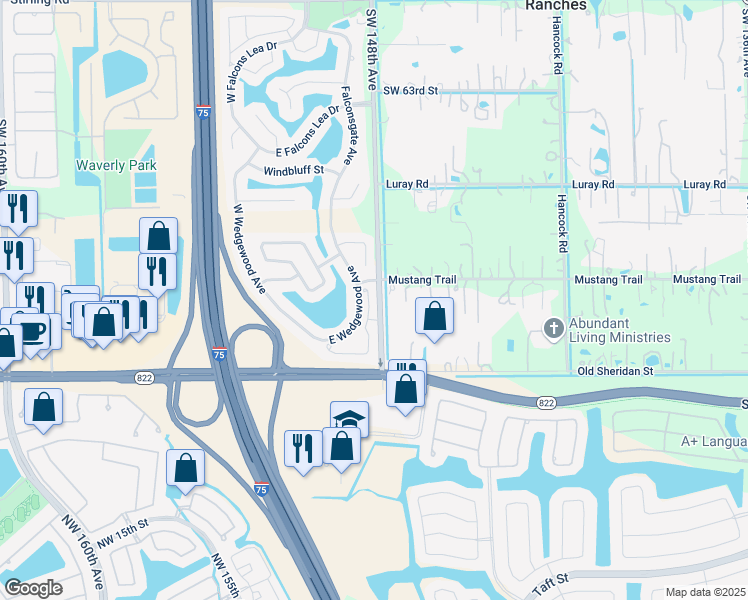map of restaurants, bars, coffee shops, grocery stores, and more near 6906 East Wedgewood Avenue in Davie