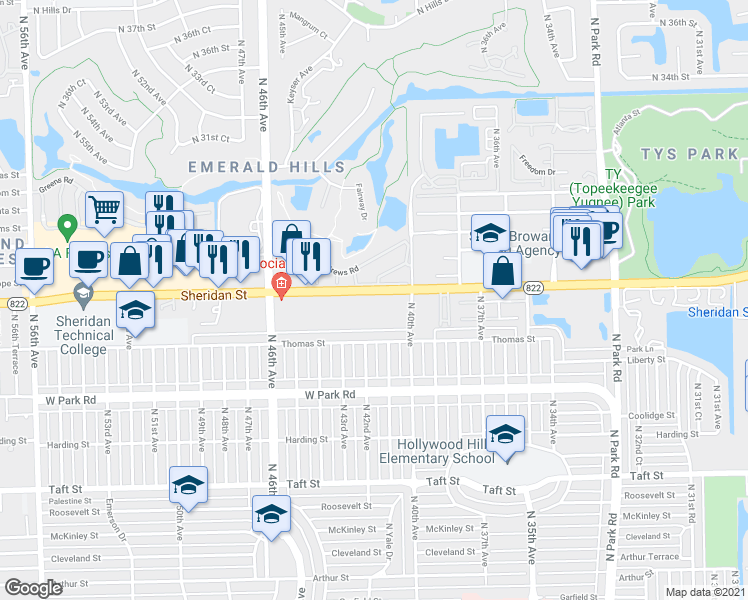 map of restaurants, bars, coffee shops, grocery stores, and more near 4200 Sheridan Street in Hollywood