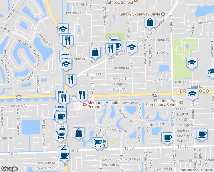 map of restaurants, bars, coffee shops, grocery stores, and more near 7690 Raleigh Street in Hollywood