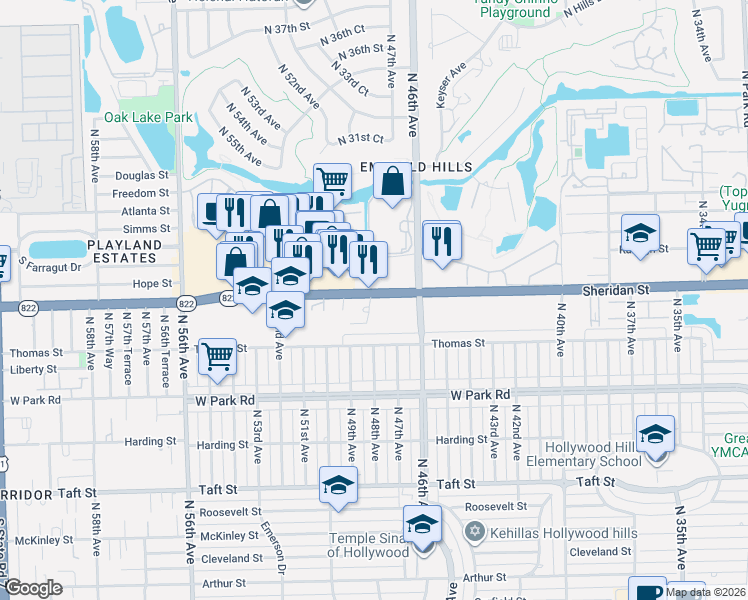 map of restaurants, bars, coffee shops, grocery stores, and more near 4700 Sheridan Street in Hollywood