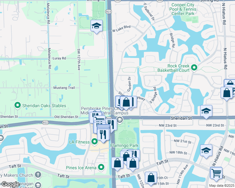 map of restaurants, bars, coffee shops, grocery stores, and more near 2700 Stonebridge Parkway in Hollywood