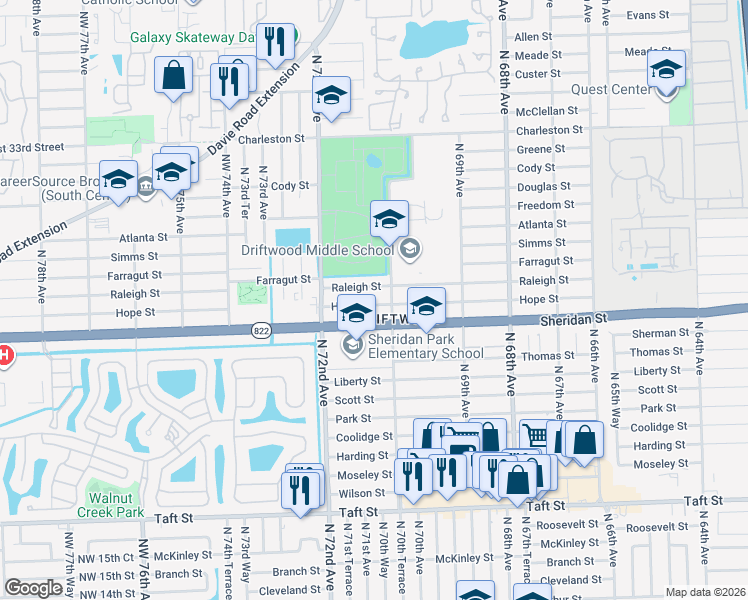 map of restaurants, bars, coffee shops, grocery stores, and more near 7091 Hope Street in Hollywood