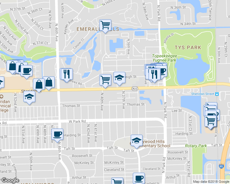 map of restaurants, bars, coffee shops, grocery stores, and more near 3850 Sheridan Street in Hollywood